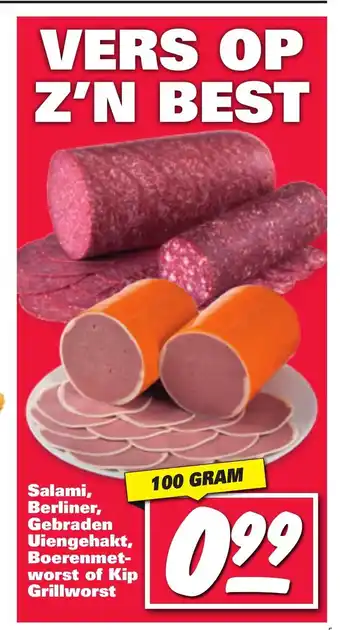 Nettorama Salami, Berliner, Gebraden Uiengehakt, Boerenmetworst of Kip Grillworst 100 gram aanbieding