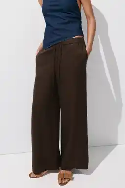 Wehkamp Mango wide leg broek met linnen - donkerbruin aanbieding