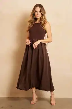 Wehkamp Lofty Manner viscose maxi a-lijn jurk met plooien en logo - bruin aanbieding
