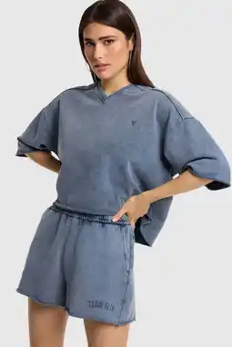 Wehkamp Alix the Label katoenen cropped trui met tekst - donkerblauw aanbieding
