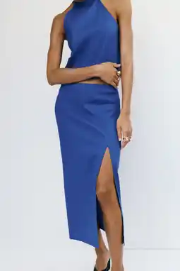 Wehkamp Mango midi rok met split en linnen - blauw aanbieding