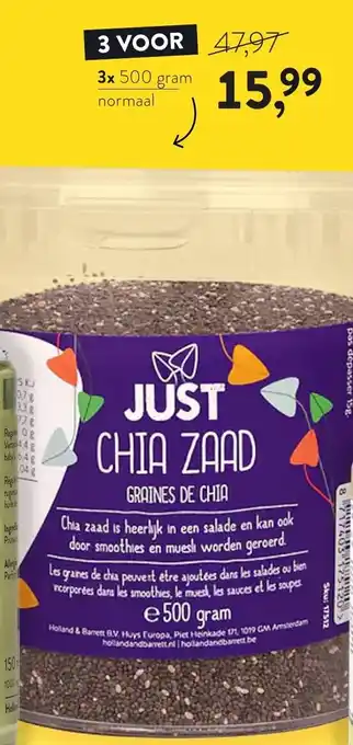 Holland & Barrett Just Chia Zaad 3x500g aanbieding