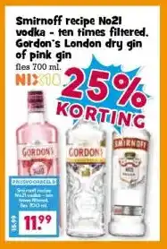 Boon`s Markt Smirnoff recipe No21 vodka ten times filtered. Gordon's London dry gin of pink gin aanbieding