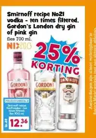 Boon`s Markt Smirnoff recipe No21 vodka ten times filtered. Gordon's London dry gin of pink gin aanbieding