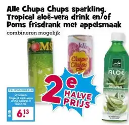 Boon`s Markt Alle Chupa Chups sparkling. Tropical aloë-vera drink en/of Poms frisdrank met appelsmaak aanbieding