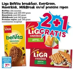 Boon`s Markt Liga BelVita breakfast, EverGreen, Haverkick, MilkBreak en/of proteïne repen aanbieding