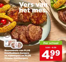 PLUS Boerentrots van PLUS Houthakkers burgers en kipburgers en PLUS Runder hamburgers aanbieding