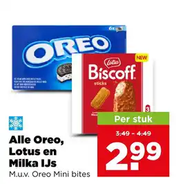 PLUS Alle oreo, lotus en milka ijs aanbieding