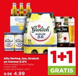 PLUS Alle Hertog Jan, Grolschen Corona 0.0% aanbieding