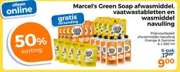 Trekpleister Marcel's green soap afwasmiddel, vaatwastabletten en wasmiddel navulling aanbieding