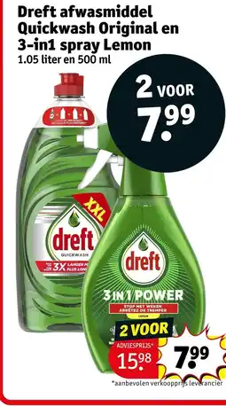 Kruidvat Dreft afwasmiddel quickwash original en 3-in1 spray lemon aanbieding