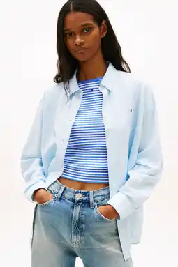 Wehkamp Tommy Jeans gestreepte blouse met linnen lichtblauw aanbieding