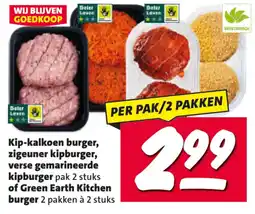 Nettorama Kip-kalkoen burger, zigeuner kipburger, verse gemarineerde kipburger of Green Earth Kitchen burger aanbieding