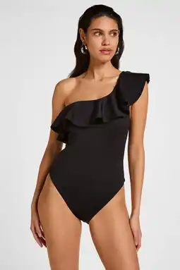 Wehkamp Hunkemöller one shoulder badpak met volant Malibu zwart aanbieding
