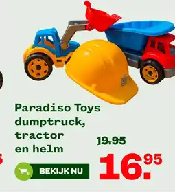Welkoop Paradiso Toys dumptruck, tractor en helm aanbieding