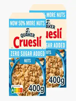 Flink Quaker Cruesli zero sugar added noten 400g 2x aanbieding