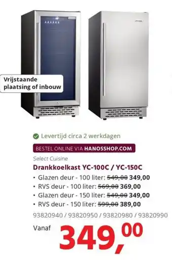 HANOS Select Cuisine Drankkoelkast YC-100C / YC-150C aanbieding