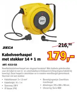 Toolspecial Zeca kabelveerhaspel met stekker 14 + 1 m aanbieding