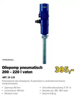 Toolspecial pressol oliepomp pneumatisch 200 - 220 l vaten aanbieding
