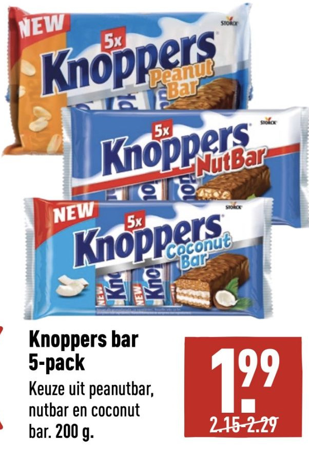 Knoppers bar 5pack Keuze uit peanutbar, nutbar en coconut aanbieding