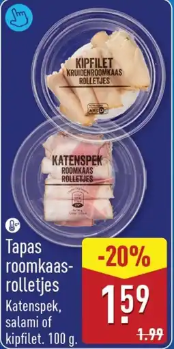 ALDI Tapas roomkaas- rolletjes Katenspek, salami of kipfilet aanbieding