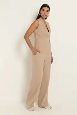 Wehkamp CLAUDIA BY CLAUDIA STRÄTER wide leg fit broek met linnen - zand aanbieding