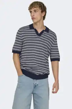 Wehkamp ONLY & SONS regular gestreepte polo met ingebreid patroon donkerblauw aanbieding