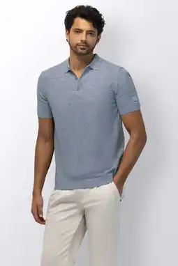 Wehkamp State of Art regular polo met linnen lichtblauw fijn gebreid aanbieding