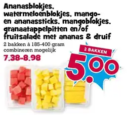 Boon`s Markt Ananasblokjes, watermeloenblokjes, mango- en ananassticks, mangoblokjes, granaatappelpitten en/of fruitsalade met ananas & dr aanbieding