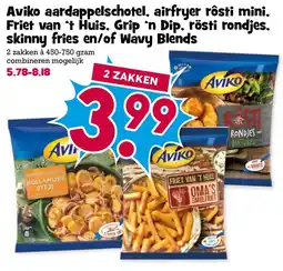 Boon`s Markt Aviko aardappelschotel, airfryer rösti mini, friet van 't huis, grip 'n dip, rösti rondjes, skinny fries en/of wavy blends aanbieding