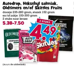 Boon`s Markt Autodrop, Heksehyl salmiak, Oldtimers en/of Skittles Fruits aanbieding