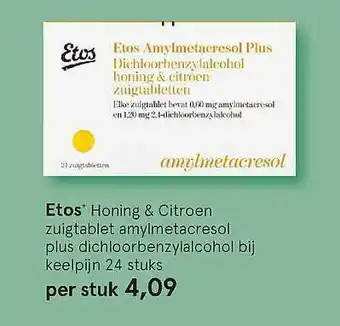 Etos Etos Amylmetaepesol Plus Diehloorbenxylalcohol Honing & Citroen Zuigtabletten aanbieding