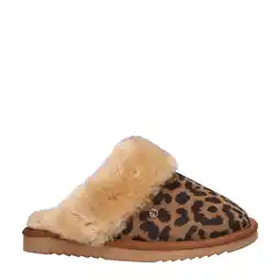 Wehkamp Warmbat Australia suède pantoffels met panterprint cognac/zwart aanbieding