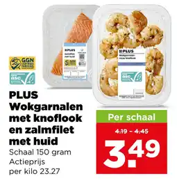PLUS Plus wokgarnalen met knoflook en zalmfilet met huid aanbieding
