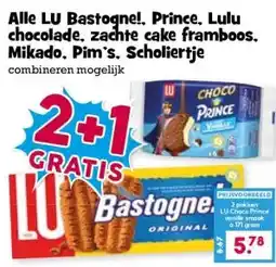 Boon`s Markt Alle LU Bastogne!, Prince, Lulu chocolade, zachte cake framboos. Mikado, Pim's, Scholiertje aanbieding
