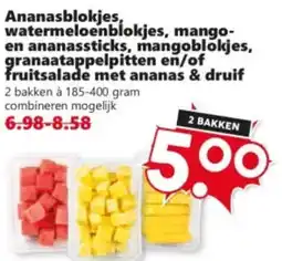 Coop Ananasblokjes, watermeloenblokjes, mango en ananassticks, mangoblokjes, granaatappelpitten en/of fruitsalade aanbieding