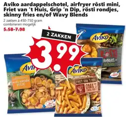 Coop Aviko aardappelschotel, airfryer rôsti mini, friet van 't huis, grip 'n dip, rösti rondjes, skinny fries en/of wavy blends aanbieding