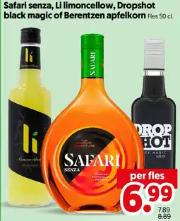 Dekamarkt Safari senza, Li limoncellow, Dropshot black magic of Berentzen apfelkorn aanbieding