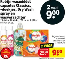Kruidvat Robijn wasmiddel capsules classics, doekjes, dry wash spray en aanbieding