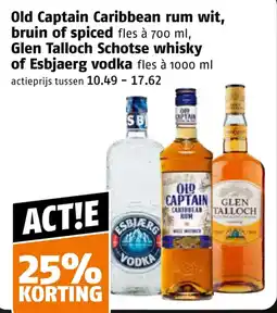 Poiesz Old Captain Caribbean rum wit, bruin of spiced of Glen Talloch Schotse whisky of Esbjaerg vodka aanbieding