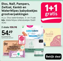 Etos Etos, Naïf, Pampers, Zwitsal, Kenkô en WaterWipes babydoekjes grootverpakkingen aanbieding