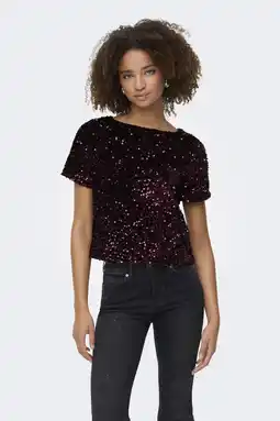 Wehkamp ONLY top donkerrood met pailletten aanbieding