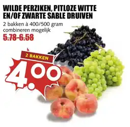 De Boerenschuur wilde perziken, pitloze witte en/of zwarte sable druiven aanbieding