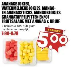 De Boerenschuur Ananasblokjes, watermeloenblokjes, mango- en ananassticks, mangoblokjes, granaatappelpitten en/of fruitsalade met ananas & dr aanbieding