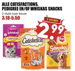 De Boerenschuur alle catisfactions, pedigree en/of whiskas snacks aanbieding