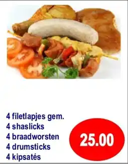 Vrieskoop Filetlapjes Gem, Shaslicks, Braadworsten, Drumsticks en Kipsatés aanbieding