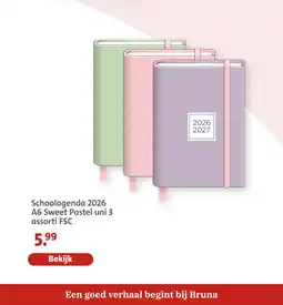 Bruna Schoolagenda 2026 a6 sweet pastel uni 3 assorti aanbieding