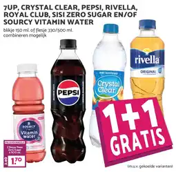 Boon`s Markt 7up, crystal clear, pepsi, rivella, royal club, sisi zero sugar en of sourcy vitamin water aanbieding