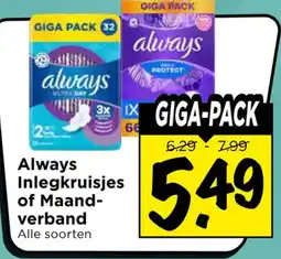 Vomar Voordeelmarkt Alle Always Inlegkruijsjes of Maandverband aanbieding