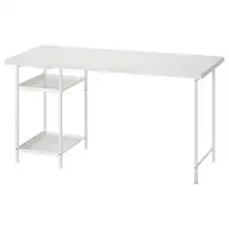 IKEA Lagkapten: wit bureau met twee planken, modern design, metalen poten en kabelmanagementnet aanbieding